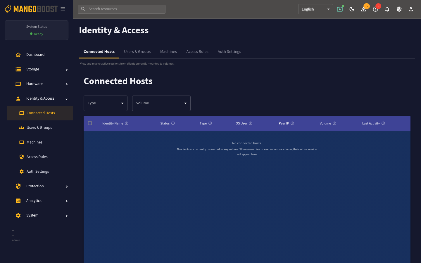 Connected Hosts — active mount connections