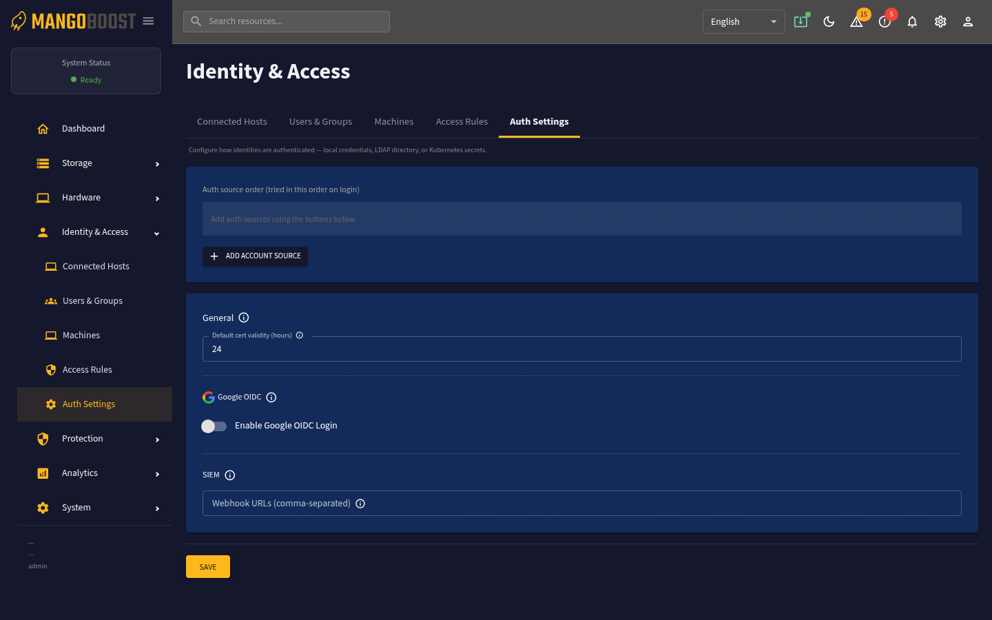 Auth Settings — add account source