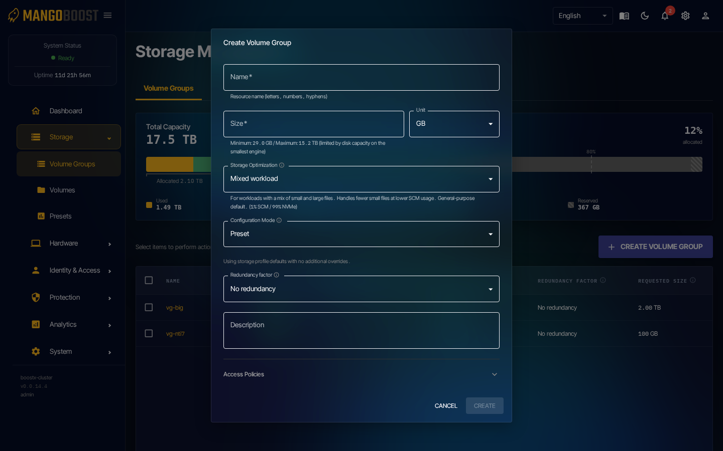 Create VolumeGroup dialog