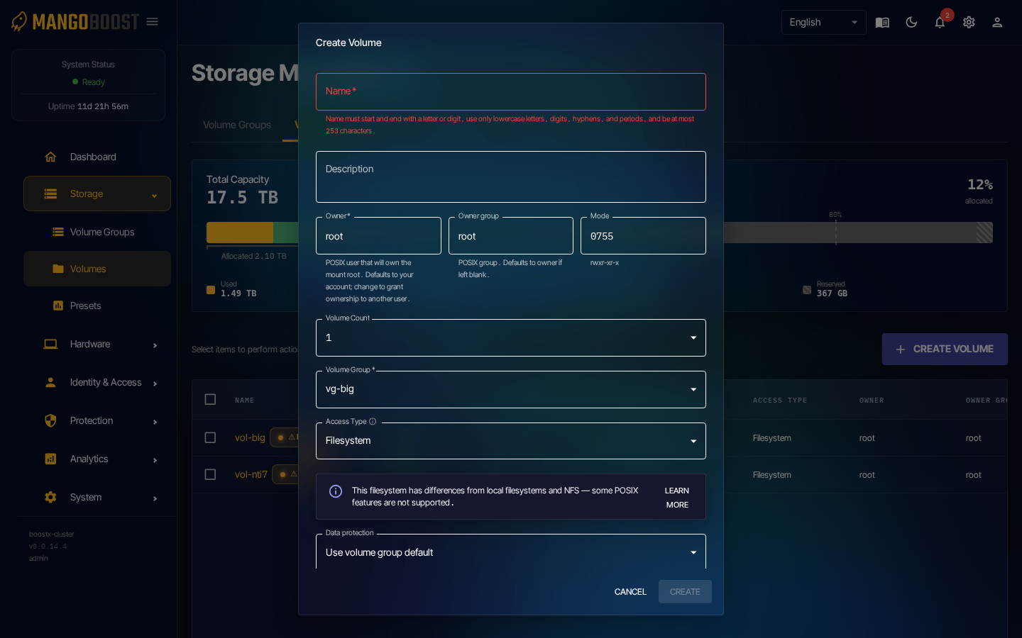 Create Volume dialog