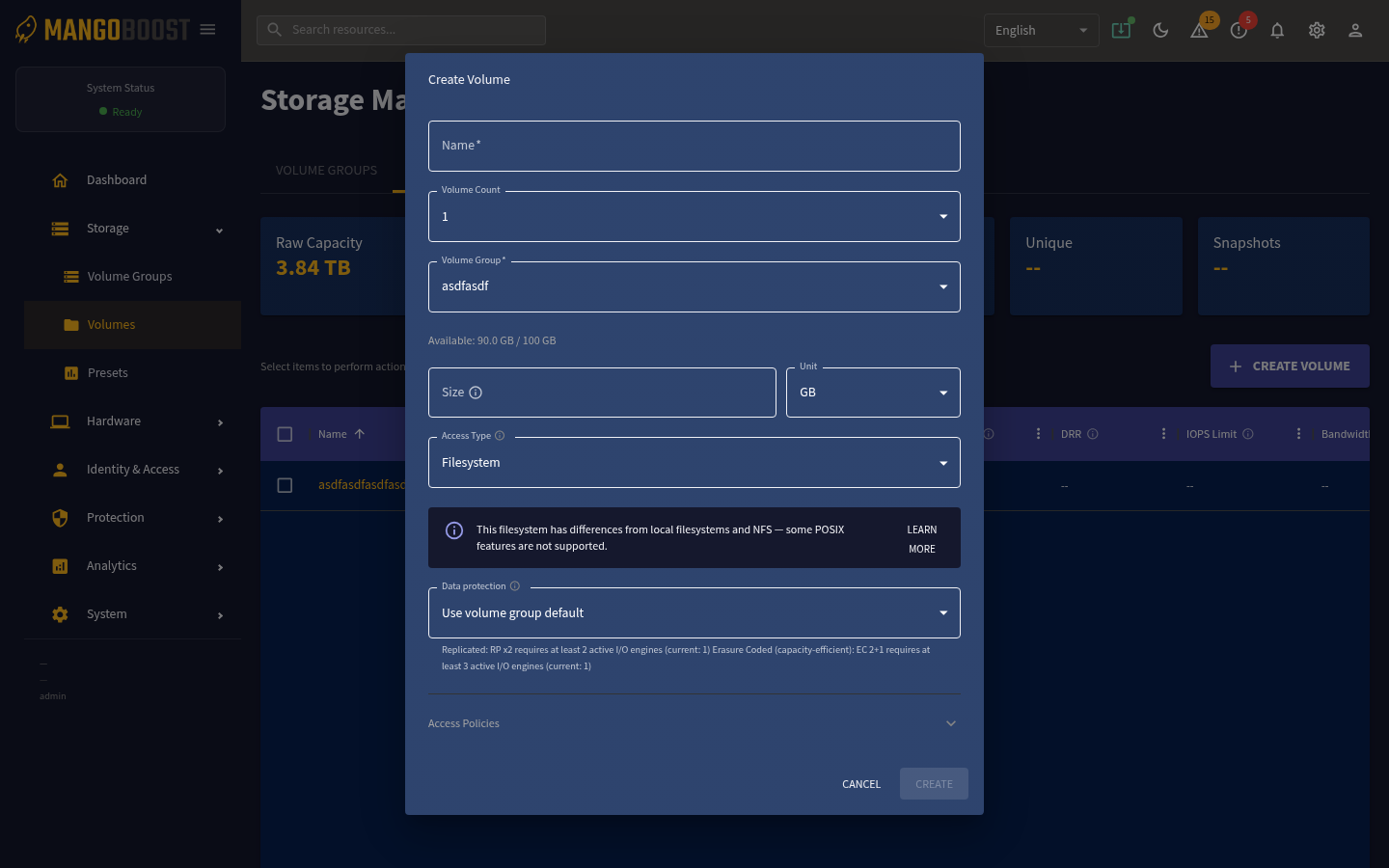 Create Volume dialog